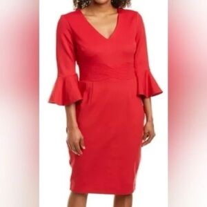 Trina Turk Begonia Dress Bell Sleeves V-neck Embroidered Waist Size 8 Red
